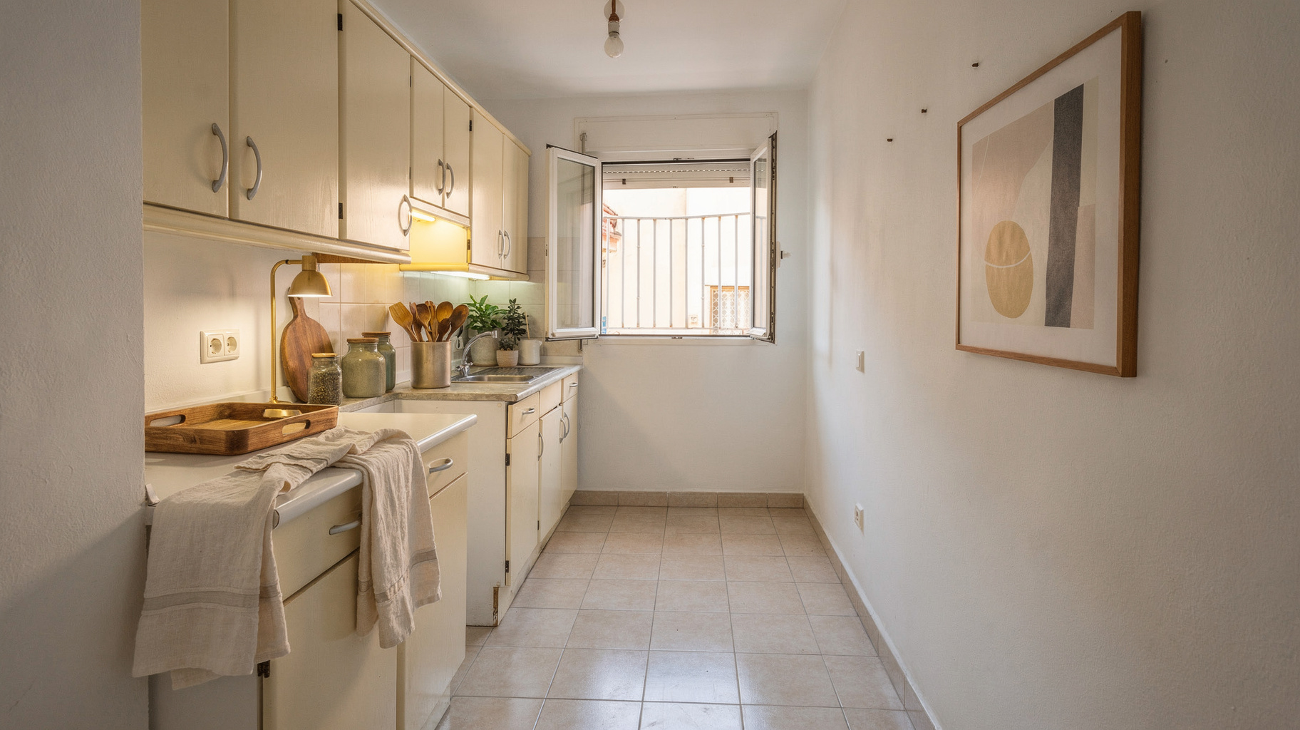 Warm modern kitchen after furniture staging
